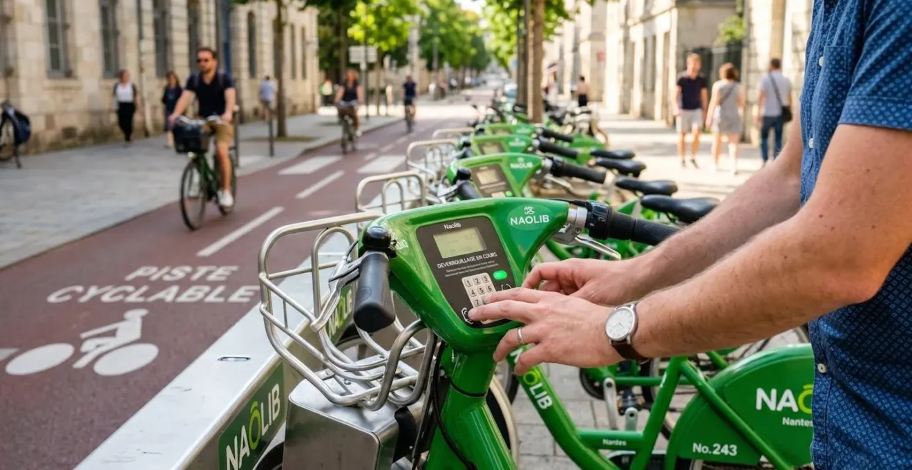 Une station de vélos en libre-service dans une rue de Nantes, avec plusieurs vélos Naolib disponibles et une piste cyclable balisée visible en arrière-plan