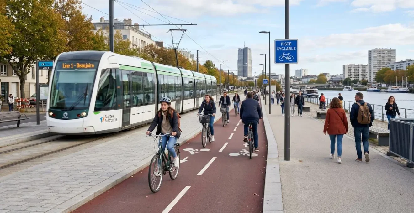 Un tramway moderne circulant le long des quais de la Loire à Nantes, avec des pistes cyclables visibles et une ambiance urbaine contemporaine