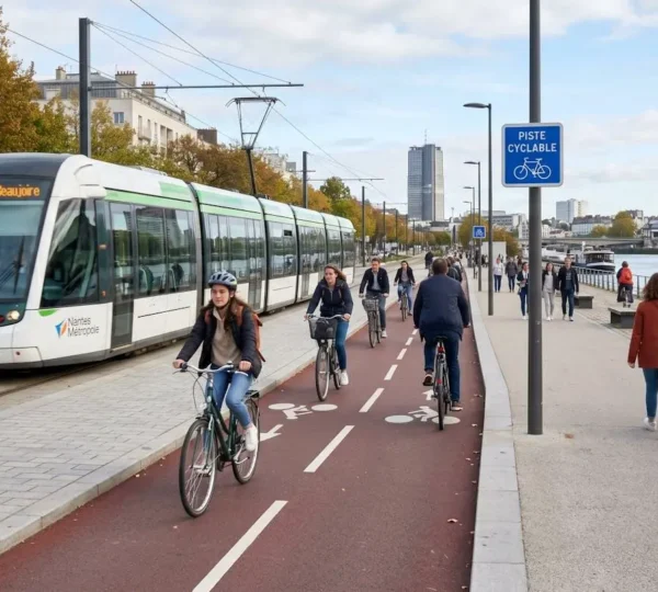 Un tramway moderne circulant le long des quais de la Loire à Nantes, avec des pistes cyclables visibles et une ambiance urbaine contemporaine