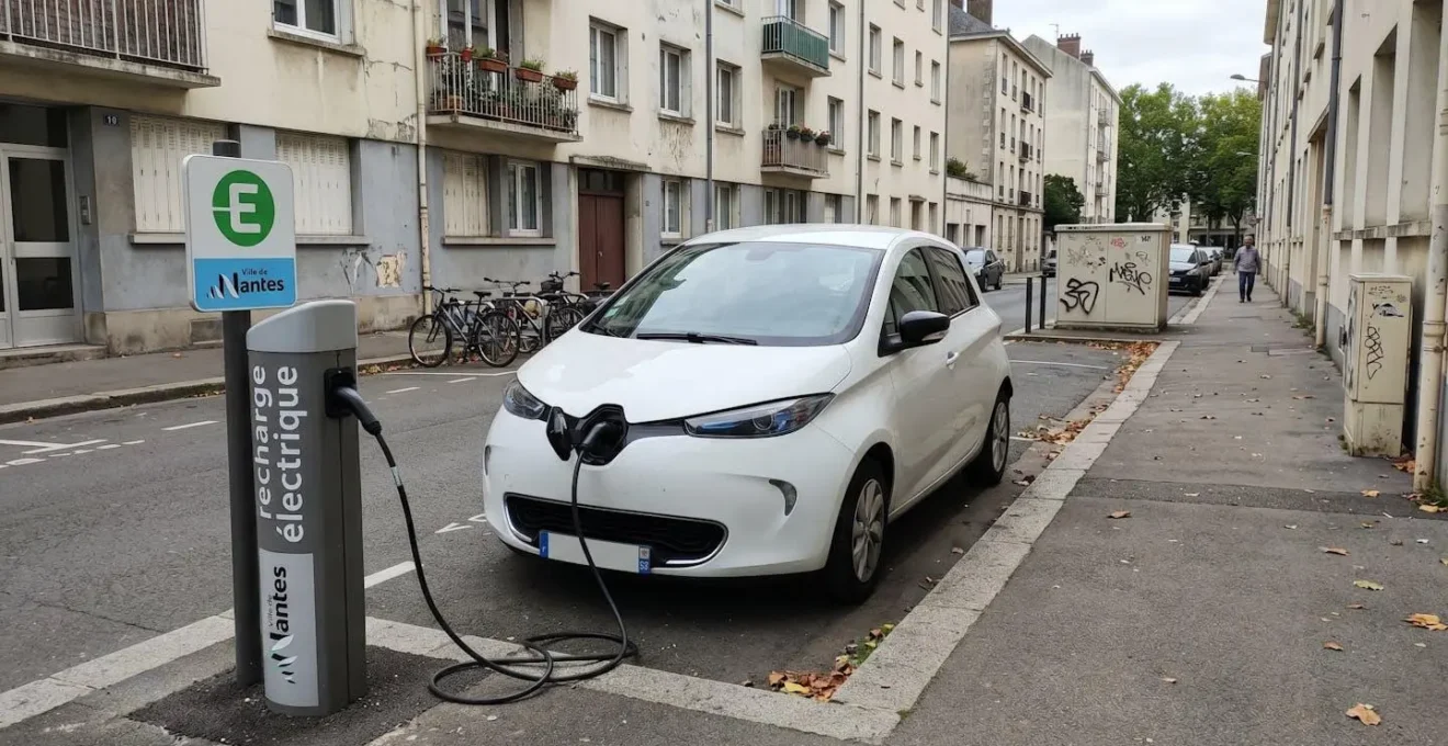 Une voiture électrique en libre-service garée sur une station d'autopartage dans un quartier résidentiel de Nantes, avec une borne de recharge visible